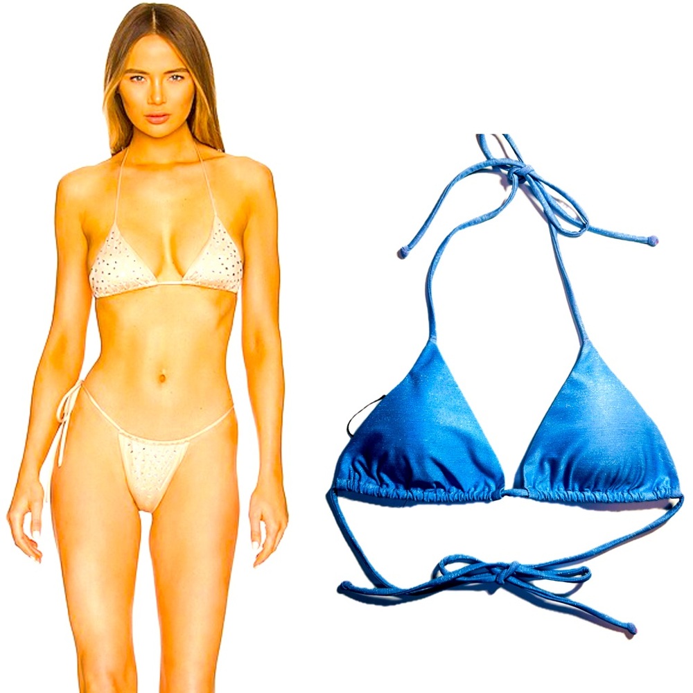 Monica Hansen Blue Lurex Triangle Bikini Top Tie Back Shimmer Swim NWT S